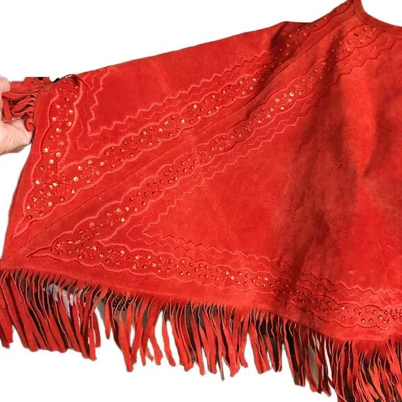 Western Boho Suede Leather Fringe Poncho Cape Rust Terracotta Newport News SM - Picture 4 of 13